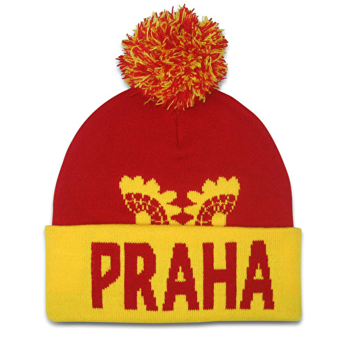Winter hat with Pomo Pom Prague red-yellow 59A.