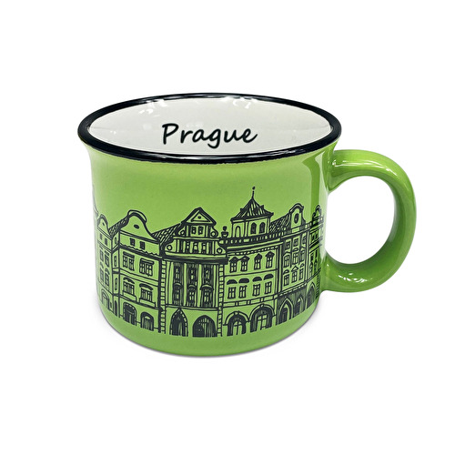 Green ceramic tin can Prague houses 