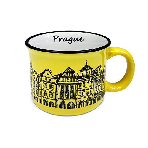 Yellow ceramic tin can Prague houses 
