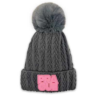 Grey GAB pom-pom beanie with a pink patch