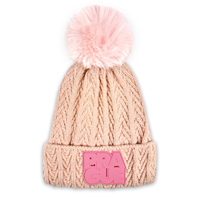 Dusty pink GAB pom-pom beanie with a pink patch