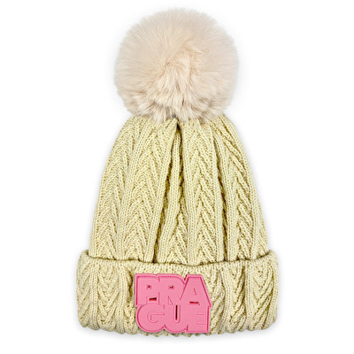 Light beige GAB pom-pom beanie with a pink patch