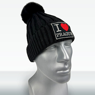 Winter hat with Pom-Pom I love PRAGUE black